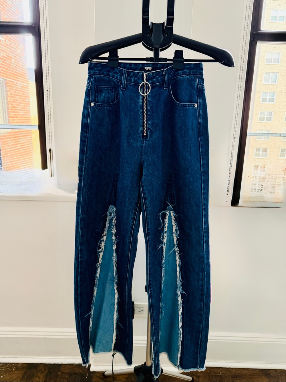 Women's High-Waist Dark Blue Flare Jeans with Front Zip